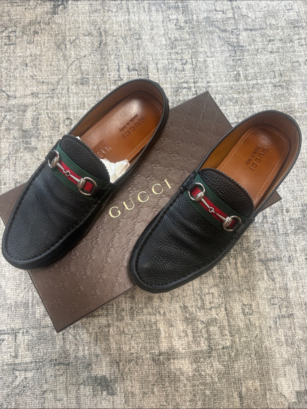 Gucci Black Leather Horsebit Loafers with Green-Red Web Trim